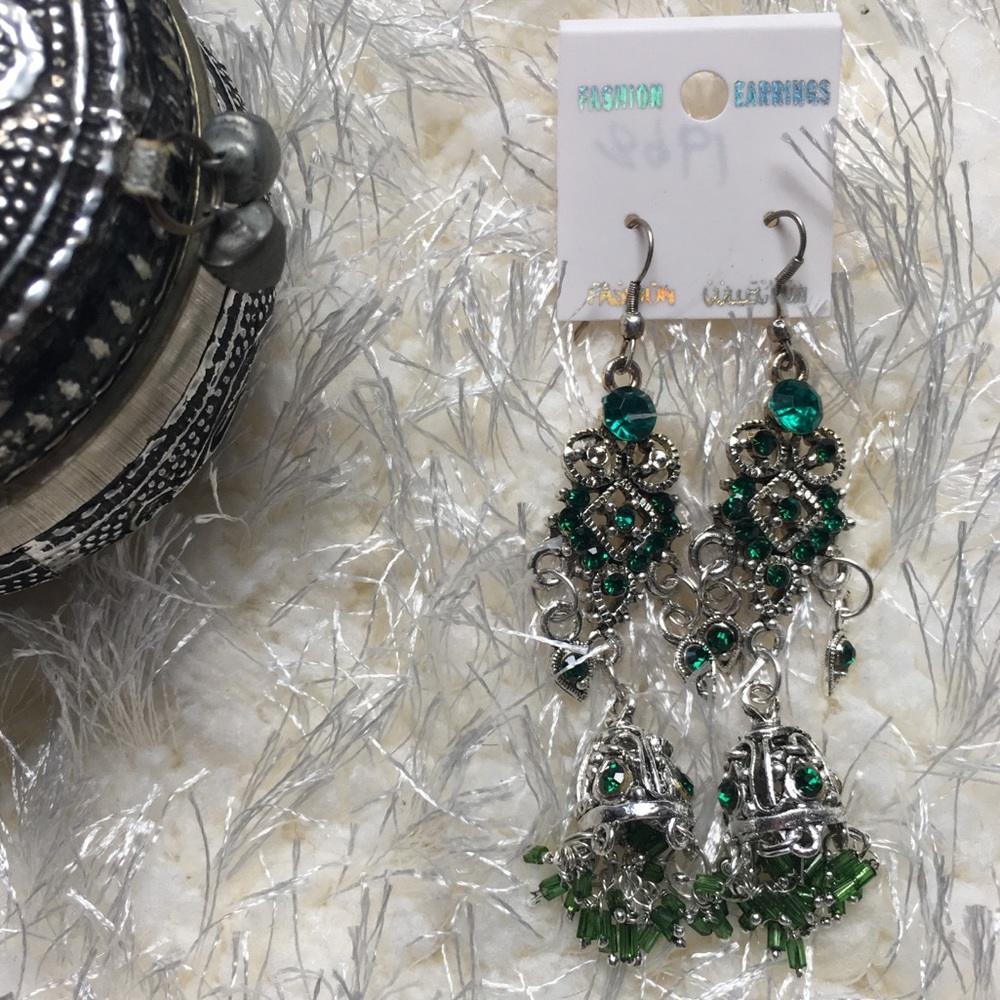 Silver & Forest Green Ethnic Drop Earrings